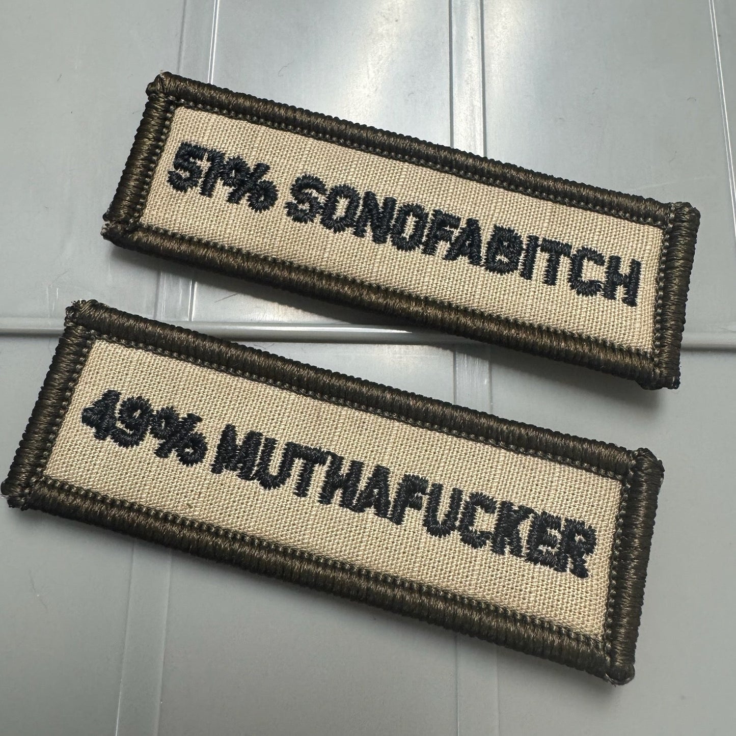 As Seen on Socials - 51% Sonofabitch & 49% Muthafucker (SET) - 1x3 Patch - Desert Tan w/Black