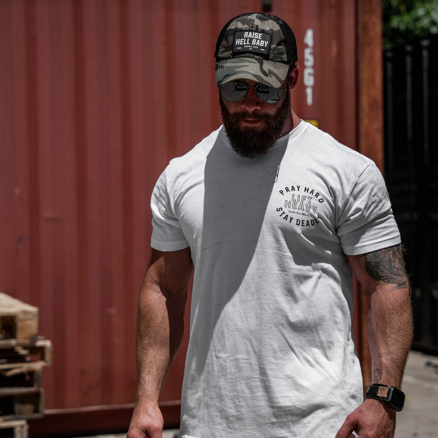 Pray Hard. Lift Heavy. Stay Deadly. Men's T-Shirt