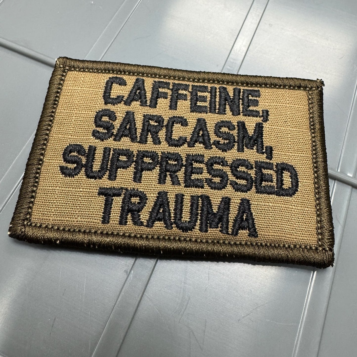 As Seen on Socials - Caffeine, Sarcasm, Suppressed Trauma - 2x3 Patch - Coyote w/Black