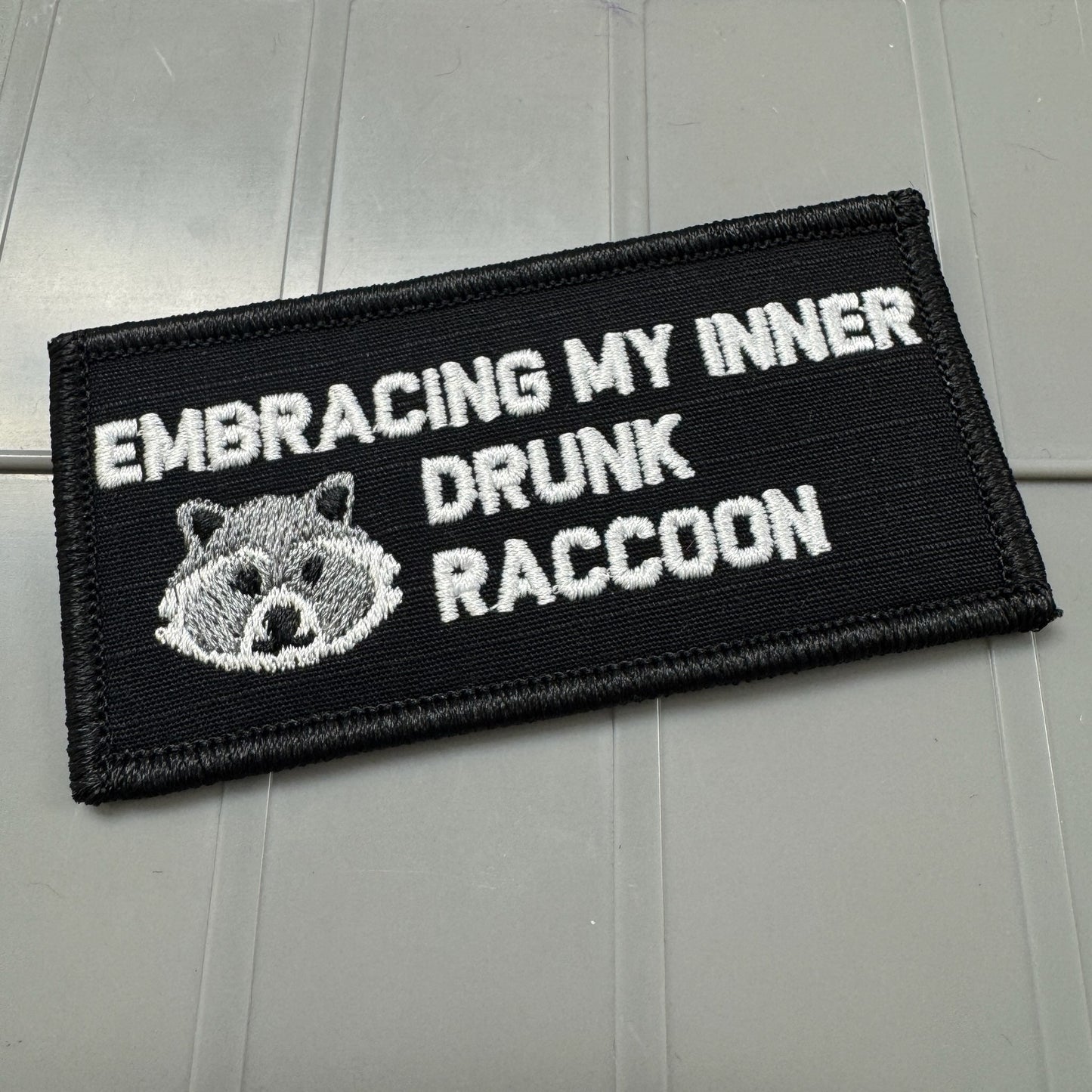 As Seen on Socials - Embracing My Inner Drunk Raccoon - 2x4 Patch - Black w/Silver