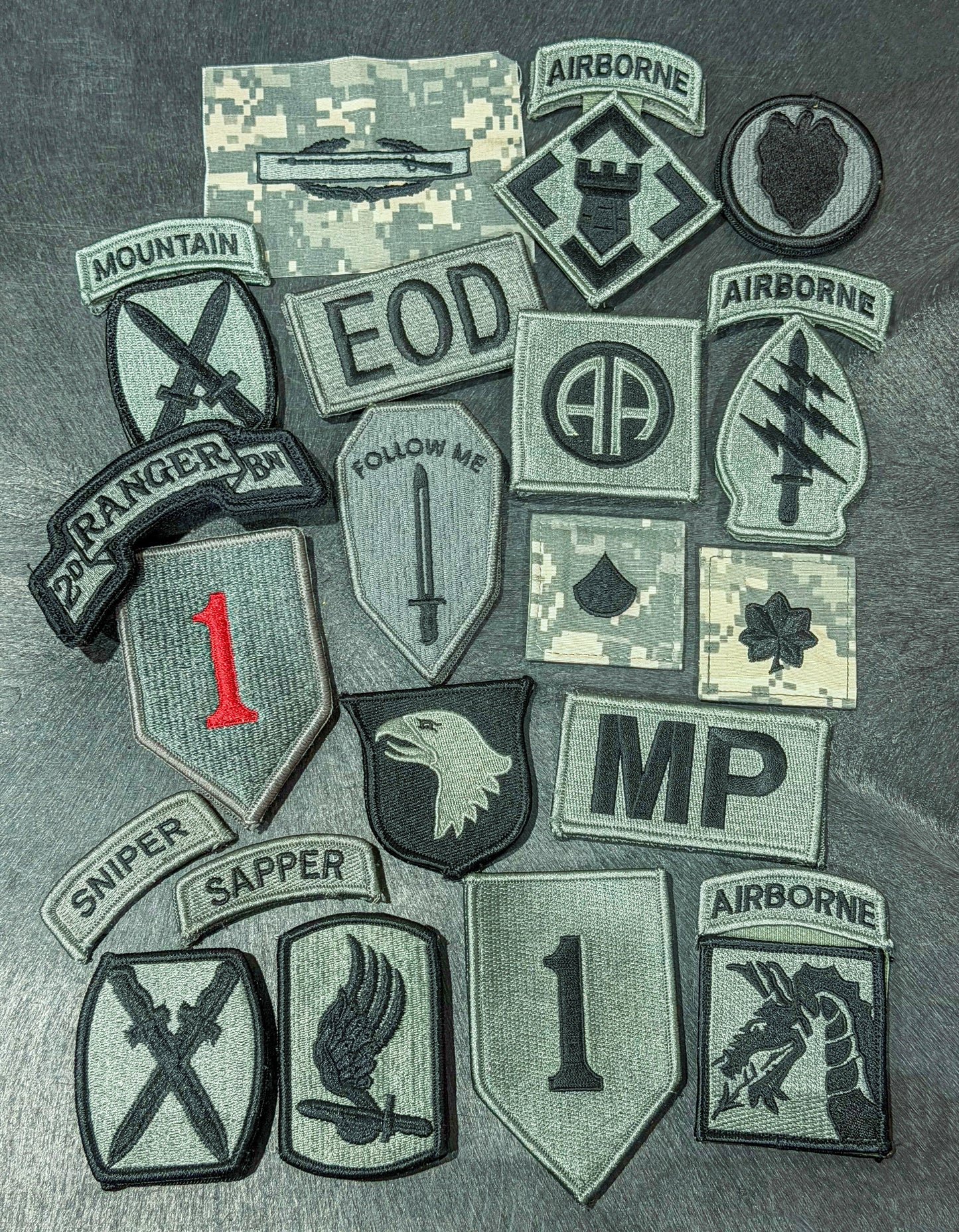 Assorted ACU Patches, Scrolls, Tabs, Ranks, and Badges