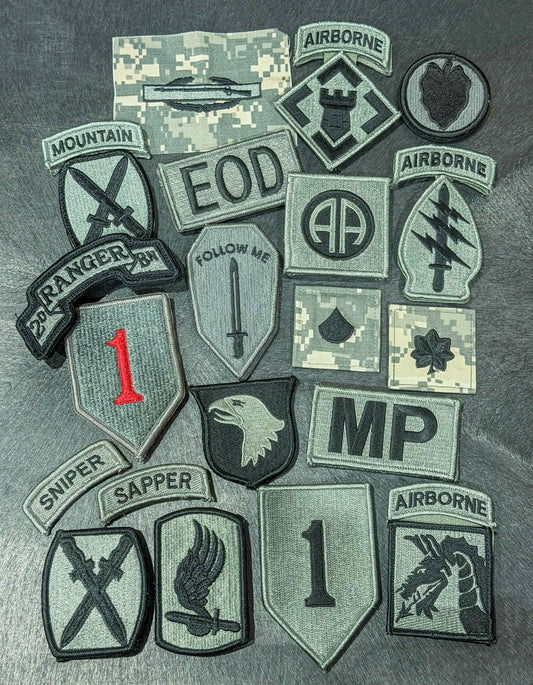Assorted ACU Patches, Scrolls, Tabs, Ranks, and Badges