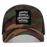 Load image into Gallery viewer, SAVIN&#39; LIVES &amp; PLEASIN&#39; WIVES Patch SnapBack Hat
