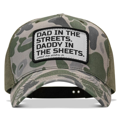 Dad In The Streets. Daddy In The Sheets. White Patch Snapback Hat