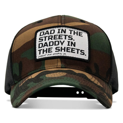 Dad In The Streets. Daddy In The Sheets. White Patch Snapback Hat