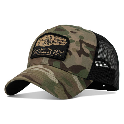 Don't Bite The Hand That Fingers you Patch Snapback Hat