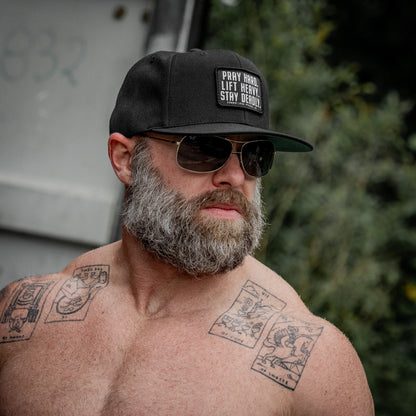 Pray Hard. Lift Heavy. Stay Deadly. Flat Bill SnapBack Hat