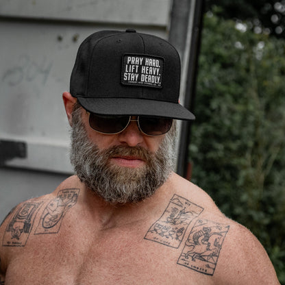 Pray Hard. Lift Heavy. Stay Deadly. Flat Bill SnapBack Hat