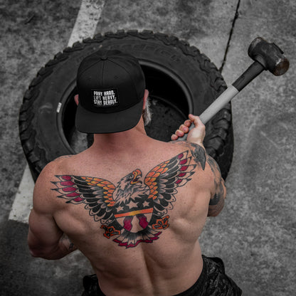 Pray Hard. Lift Heavy. Stay Deadly. Flat Bill SnapBack Hat