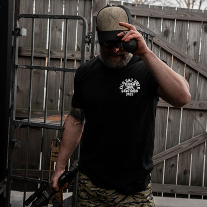 Kill Bad Vibes. Bang Good Ones Skull Men's T-Shirt