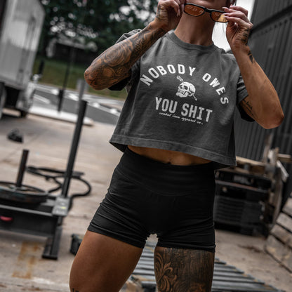 Nobody Owes You Shit Skull Women's Crop Heavyweight Tee