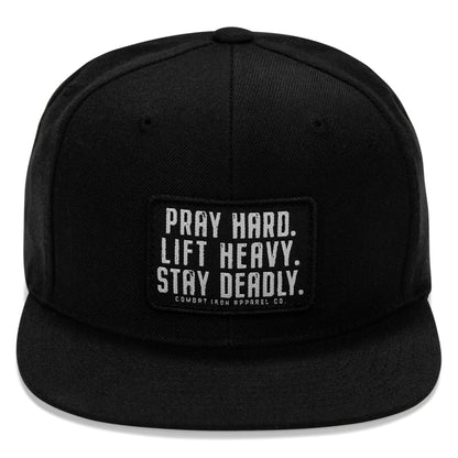 Pray Hard. Lift Heavy. Stay Deadly Patch Flatbill Hat