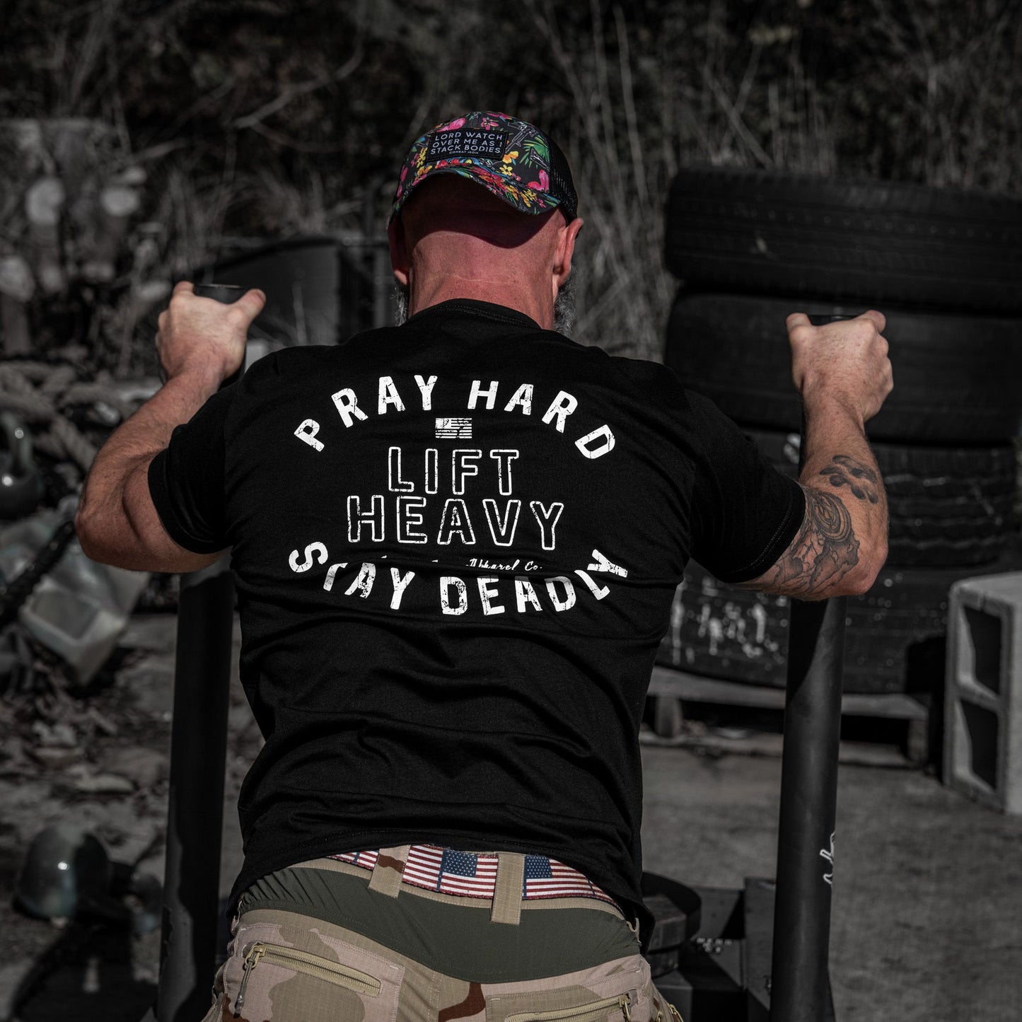 Pray Hard. Lift Heavy. Stay Deadly. Men's T-Shirt