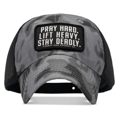 Pray Hard. Lift Heavy. Stay Deadly. Patch Tactical Ripstop Mesh Snapback Hat