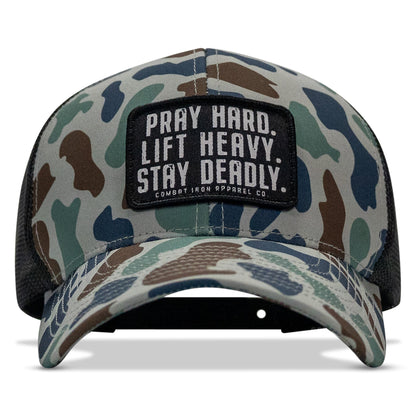 Pray Hard. Lift Heavy. Stay Deadly. Patch Snapback