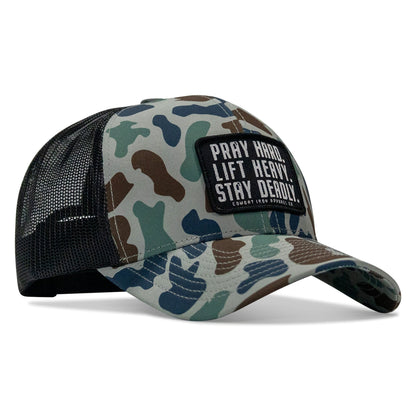 Pray Hard. Lift Heavy. Stay Deadly. Patch Snapback