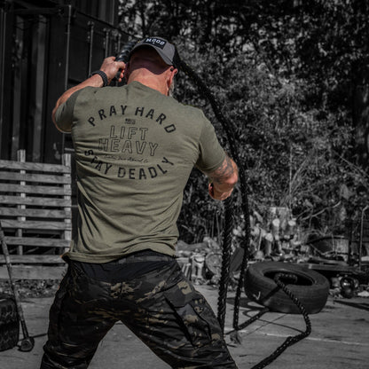 Pray Hard. Lift Heavy. Stay Deadly. Men's T-Shirt