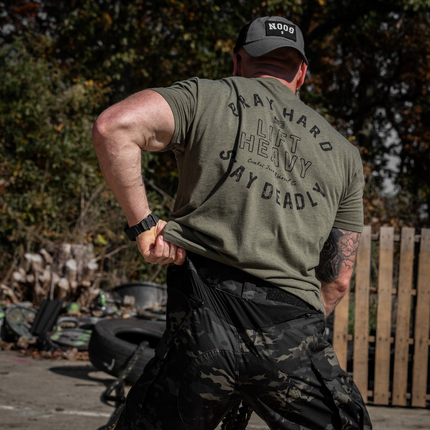 Pray Hard. Lift Heavy. Stay Deadly. Men's T-Shirt