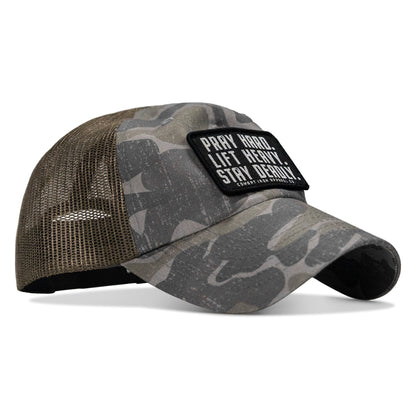 Pray Hard. Lift Heavy. Stay Deadly. Patch Tactical Ripstop Mesh Snapback Hat