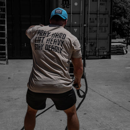 Pray Hard. Lift Heavy. Stay Deadly. V2 Men's T-Shirt