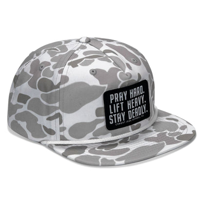 Pray Hard. Lift Heavy. Stay Deadly Patch Flatbill Hat