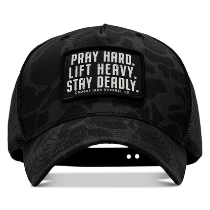 Pray Hard. Lift Heavy. Stay Deadly. Patch Snapback
