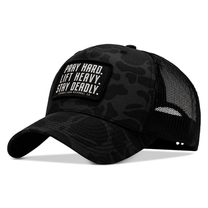 Pray Hard. Lift Heavy. Stay Deadly. Patch Snapback