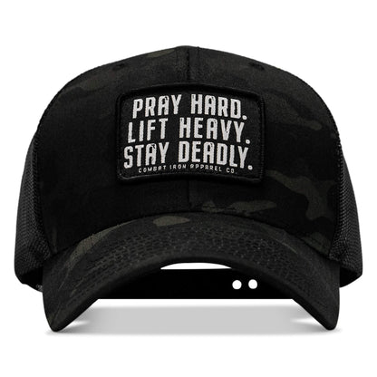 Pray Hard. Lift Heavy. Stay Deadly. Patch Snapback