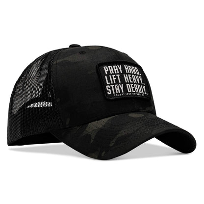 Pray Hard. Lift Heavy. Stay Deadly. Patch Snapback
