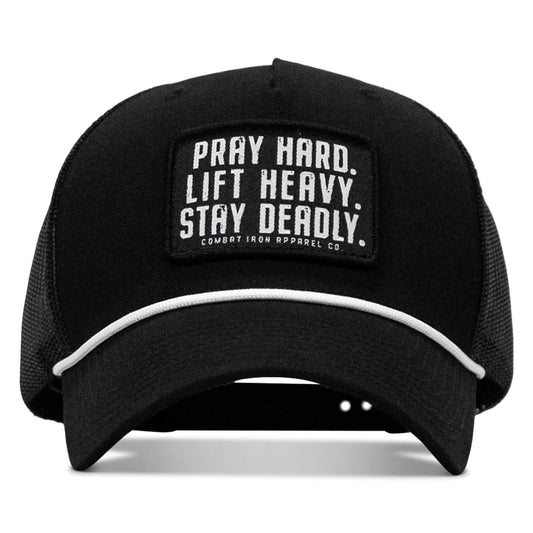 Pray Hard. Lift Heavy. Stay Deadly. Patch Rope Snapback Hat