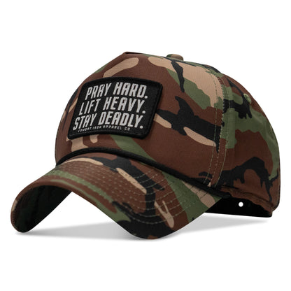 Pray Hard. Lift Heavy. Stay Deadly. Patch Waterproof Weekender Snapback