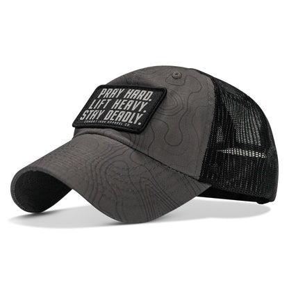 Pray Hard. Lift Heavy. Stay Deadly. Patch Tactical Ripstop Mesh Snapback Hat