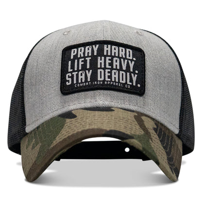 Pray Hard. Lift Heavy. Stay Deadly. Patch Snapback