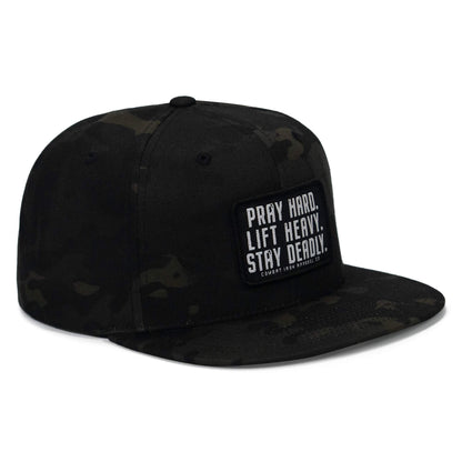 Pray Hard. Lift Heavy. Stay Deadly. Flat Bill SnapBack Hat