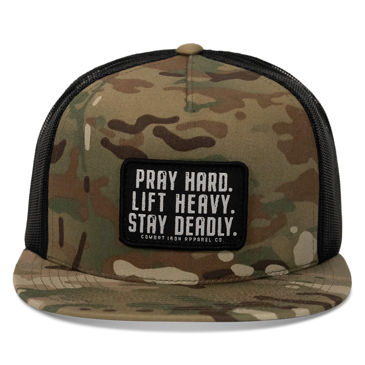 Pray Hard. Lift Heavy. Stay Deadly. Flat Bill SnapBack Hat