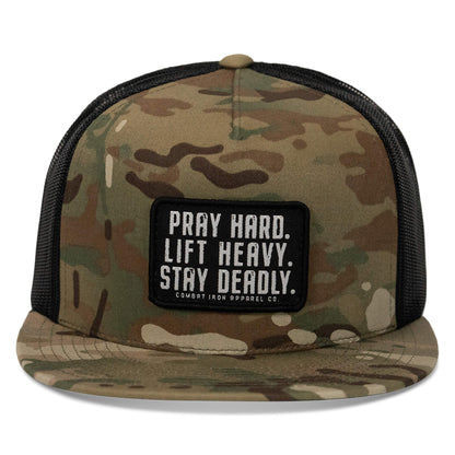 Pray Hard. Lift Heavy. Stay Deadly. Flat Bill SnapBack Hat