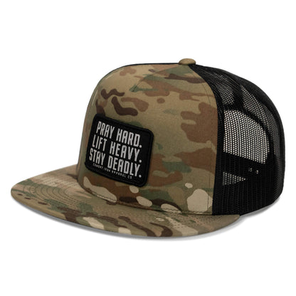 Pray Hard. Lift Heavy. Stay Deadly. Flat Bill SnapBack Hat