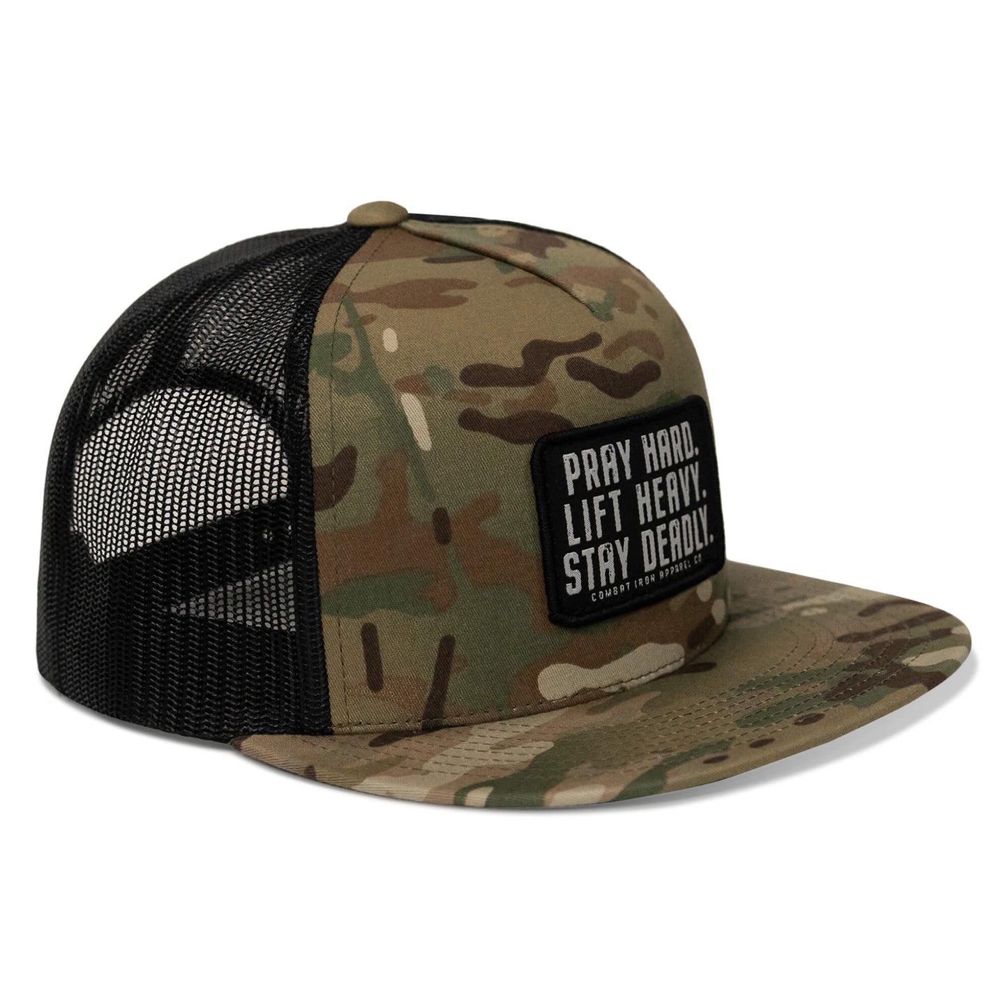 Pray Hard. Lift Heavy. Stay Deadly. Flat Bill SnapBack Hat