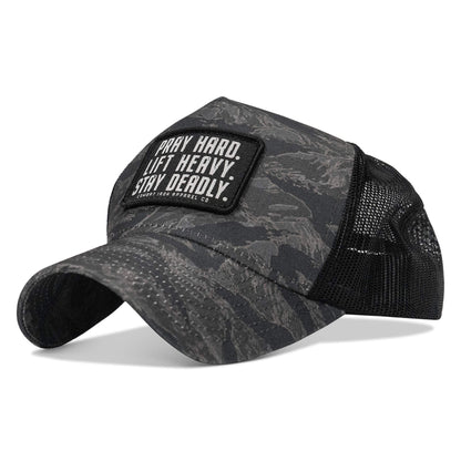 Pray Hard. Lift Heavy. Stay Deadly. Patch Five Panel Breacher Snapback Hat