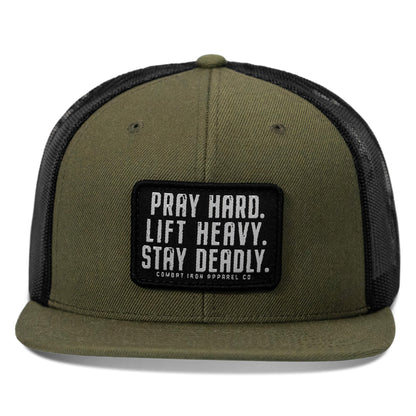 Pray Hard. Lift Heavy. Stay Deadly. Flat Bill SnapBack Hat