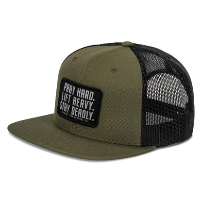 Pray Hard. Lift Heavy. Stay Deadly. Flat Bill SnapBack Hat