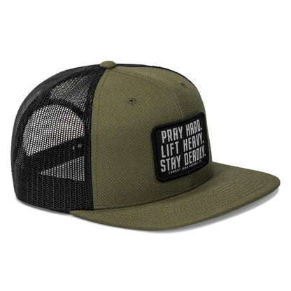 Pray Hard. Lift Heavy. Stay Deadly. Flat Bill SnapBack Hat