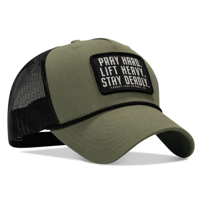 Pray Hard. Lift Heavy. Stay Deadly. Patch Rope Snapback Hat