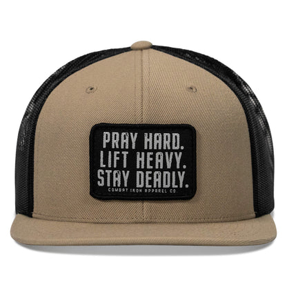 Pray Hard. Lift Heavy. Stay Deadly. Flat Bill SnapBack Hat