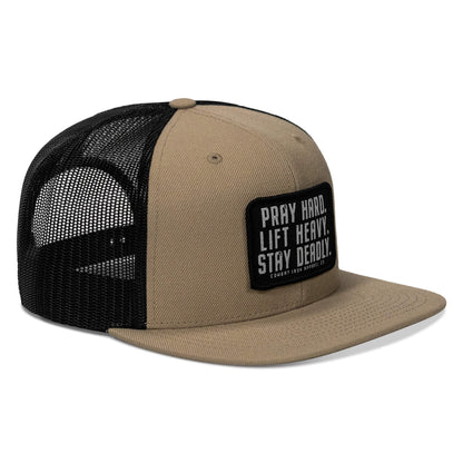 Pray Hard. Lift Heavy. Stay Deadly. Flat Bill SnapBack Hat