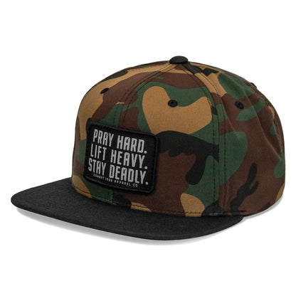 Pray Hard. Lift Heavy. Stay Deadly. Flat Bill SnapBack Hat