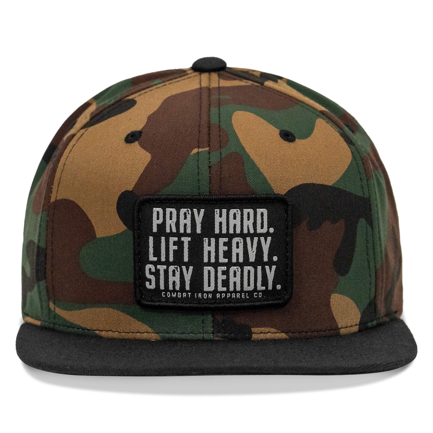 Pray Hard. Lift Heavy. Stay Deadly. Flat Bill SnapBack Hat