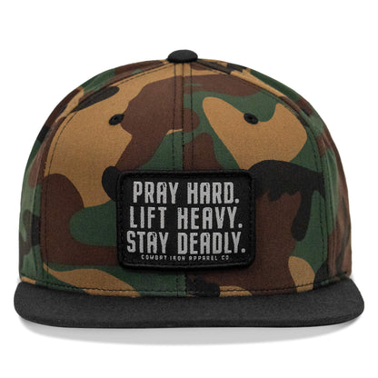 Pray Hard. Lift Heavy. Stay Deadly. Flat Bill SnapBack Hat