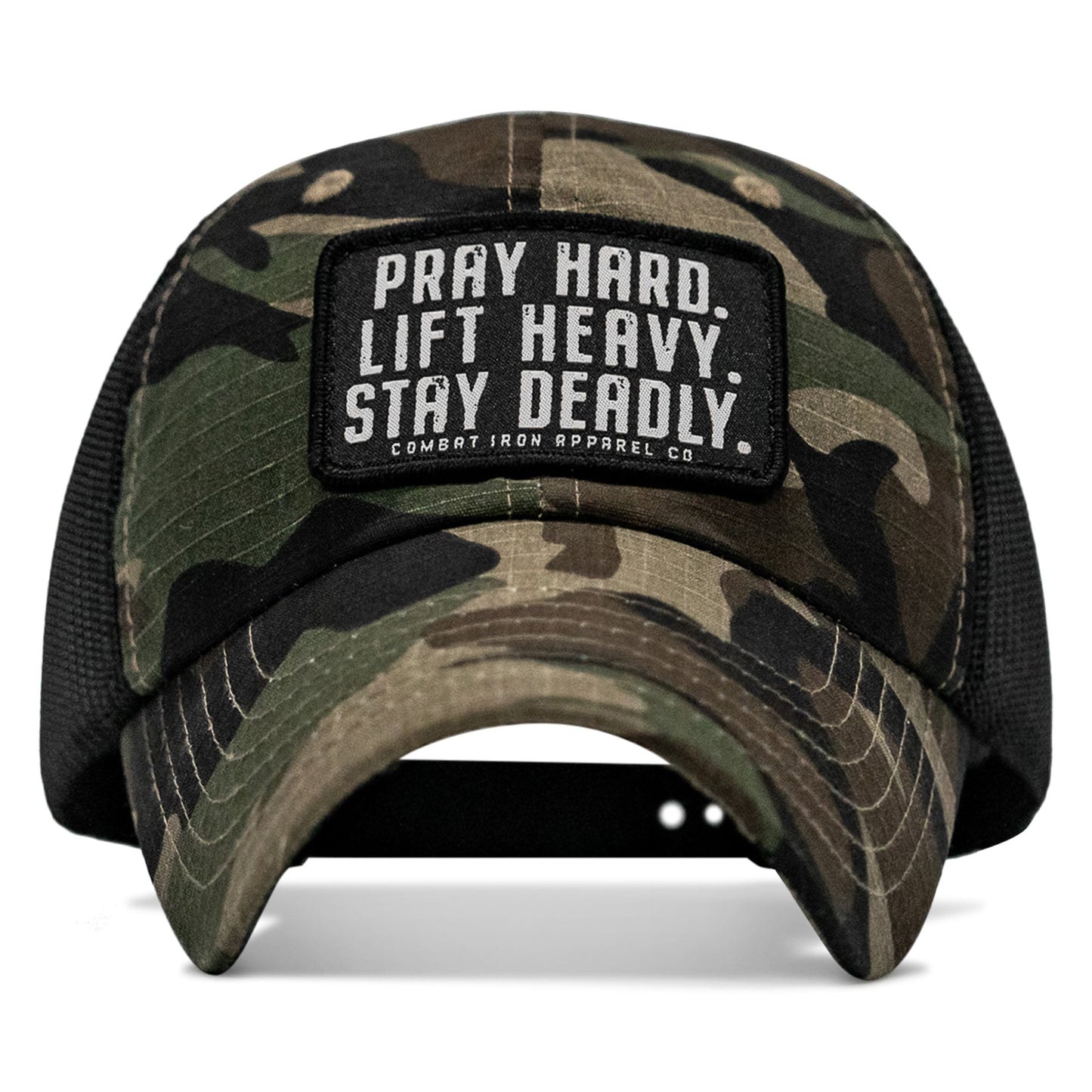 Pray Hard. Lift Heavy. Stay Deadly. Patch Tactical Ripstop Mesh Snapback Hat