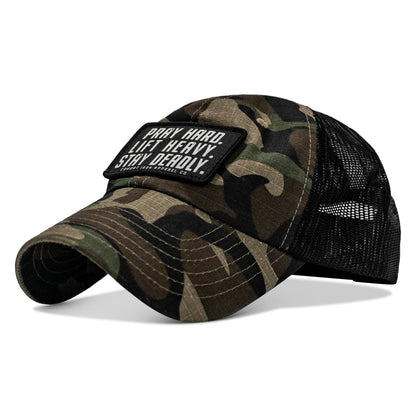 Pray Hard. Lift Heavy. Stay Deadly. Patch Tactical Ripstop Mesh Snapback Hat